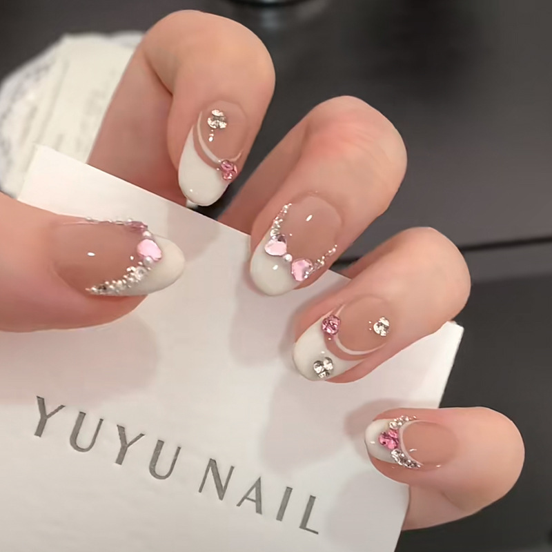 Nail Art French - 10 Adet Beyaz Fransız Pembe Kalp