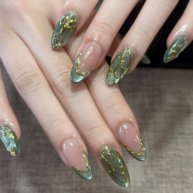Nail Art French - 24 Adet Yeşil Kedi Gözü Takma